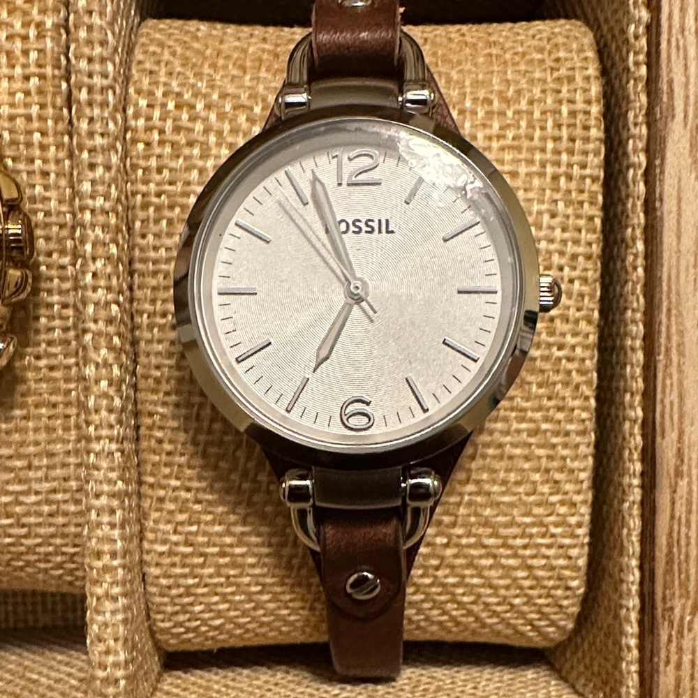 Fossil Silver Dial with Brown Leather Strap Watch